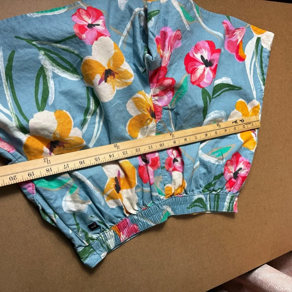 Tea Floral Blue Girl's Cotton Linen Blend High Waisted Shorts Size 16